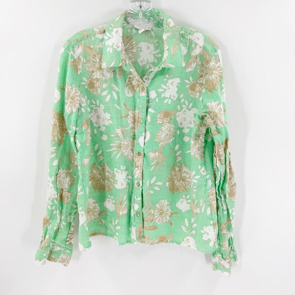 Charter Club Linen Floral Button Front Shirt Womens Large Green Tropical Top